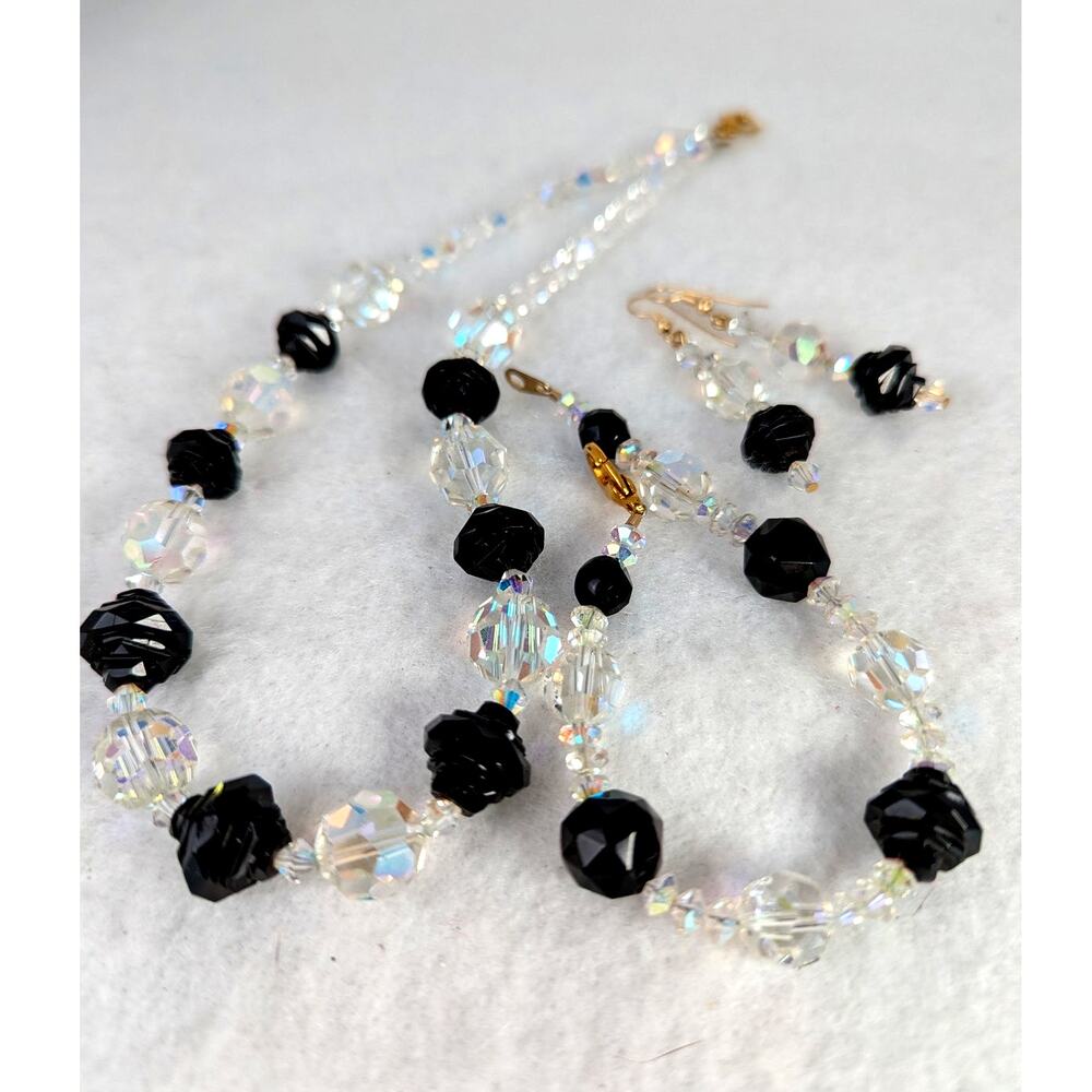 Black Whitby jet(Eng)Upsycled + aurora crystal 3 pieces GP clasps +earwires NIB
